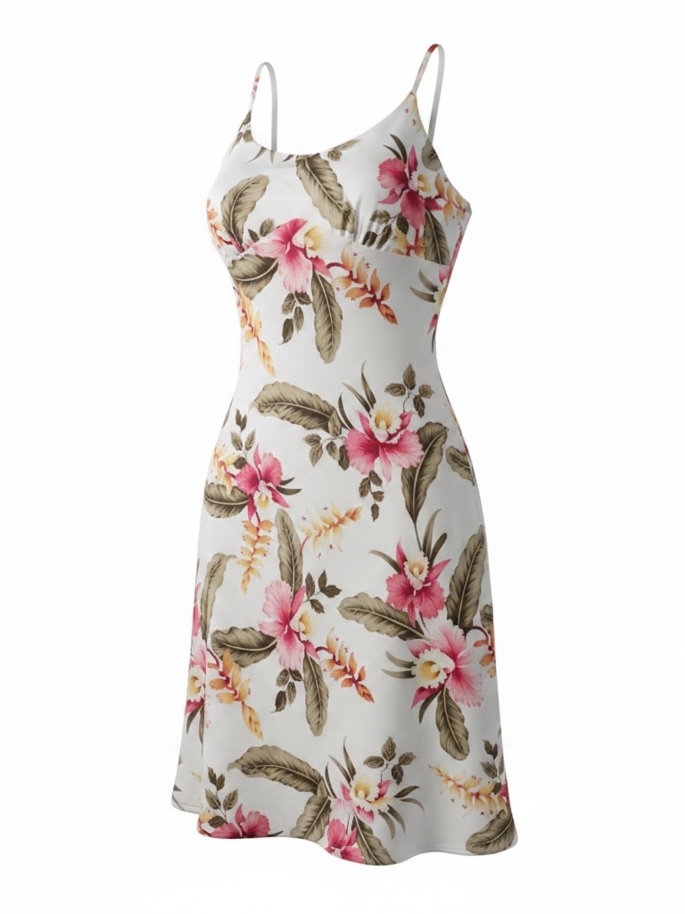 Ivory Floral Slip Dress with Pink Hibiscus Print